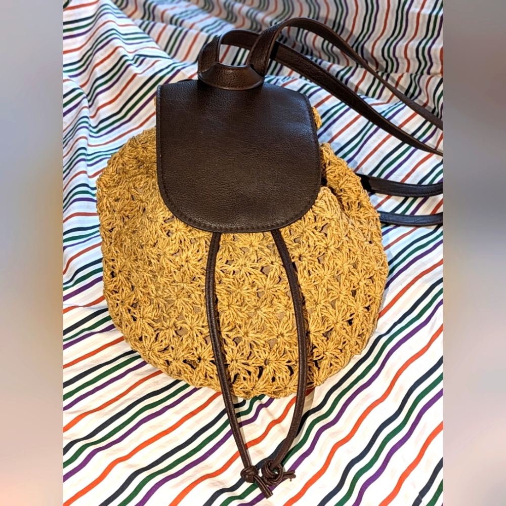 Cappelli Straw Macrame & Leather Backpack w/ Drawstring Closure